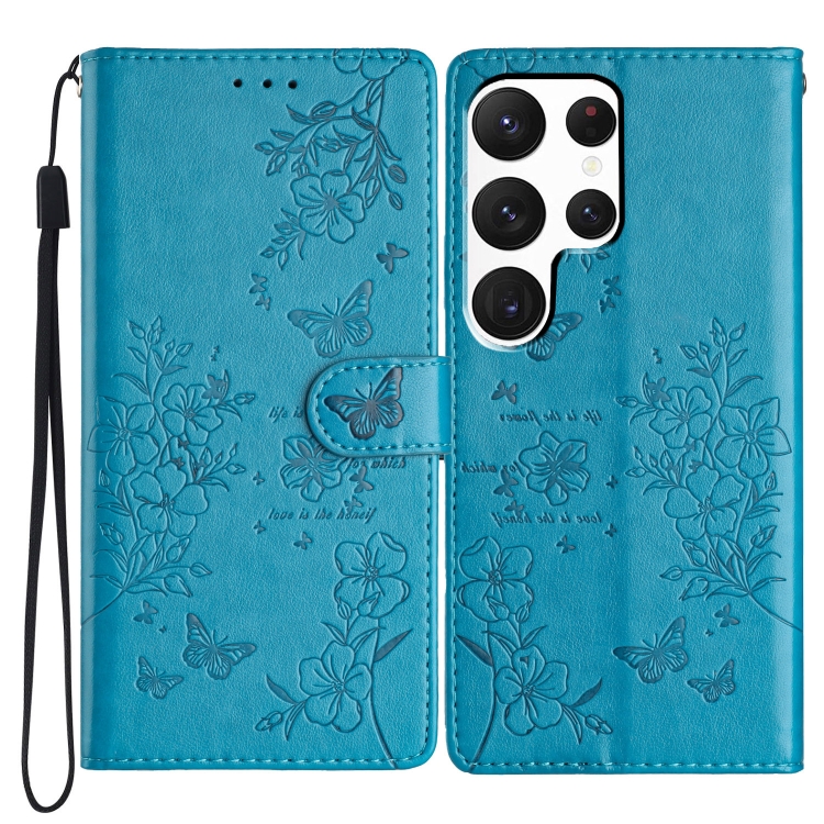 

For Samsung Galaxy S22 Ultra 5G Butterflies and Flowers Leather Phone Case(Blue)
