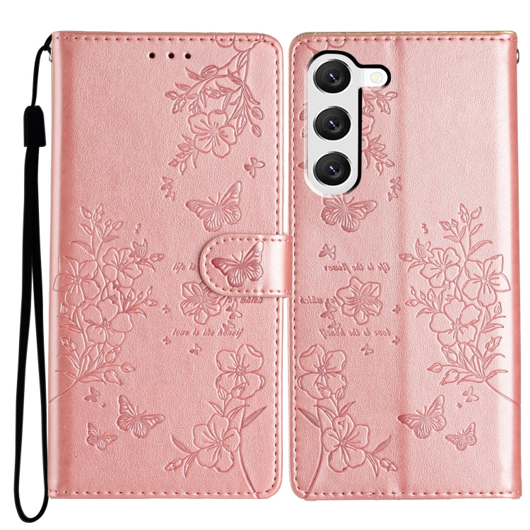 

For Samsung Galaxy S23 5G Butterflies and Flowers Leather Phone Case(Rose Gold)