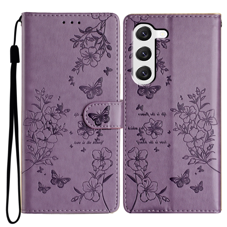 

For Samsung Galaxy S23 5G Butterflies and Flowers Leather Phone Case(Purple)