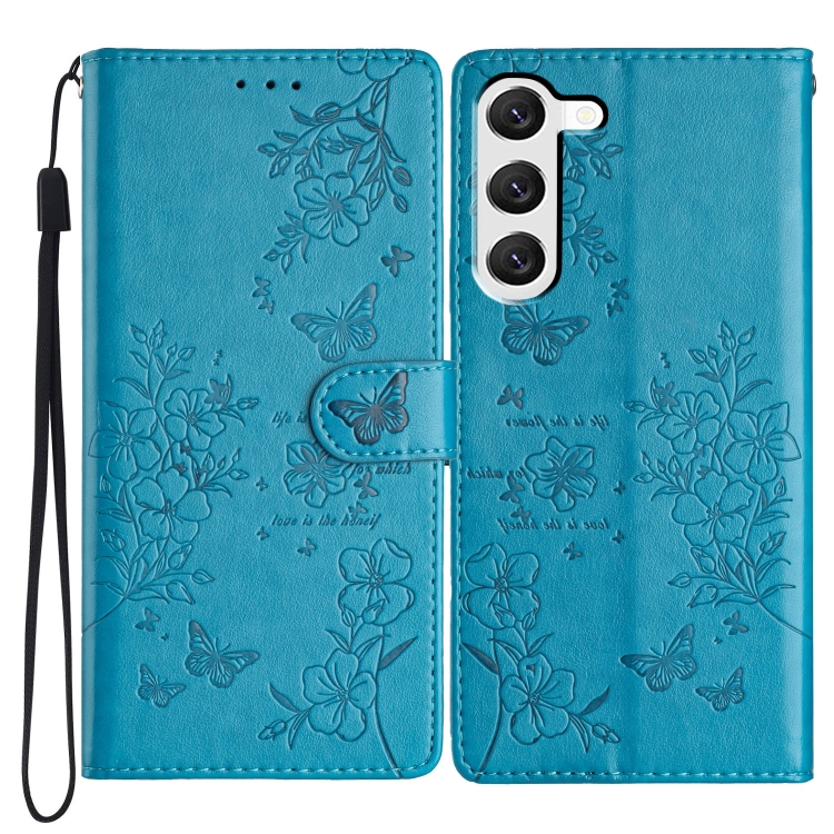 

For Samsung Galaxy S23 5G Butterflies and Flowers Leather Phone Case(Blue)