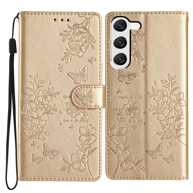 

For Samsung Galaxy S23+ 5G Butterflies and Flowers Leather Phone Case(Gold)