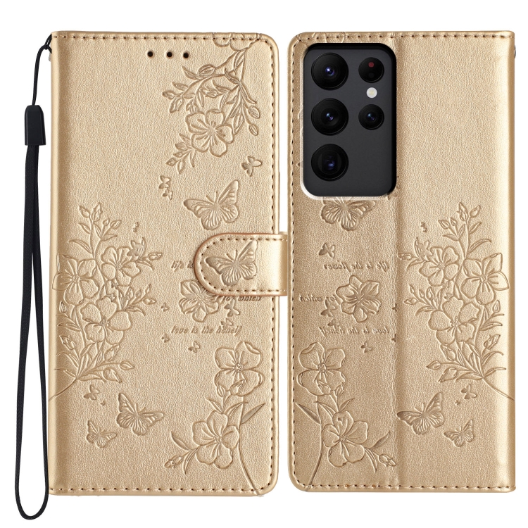

For Samsung Galaxy S23 Ultra 5G Butterflies and Flowers Leather Phone Case(Gold)