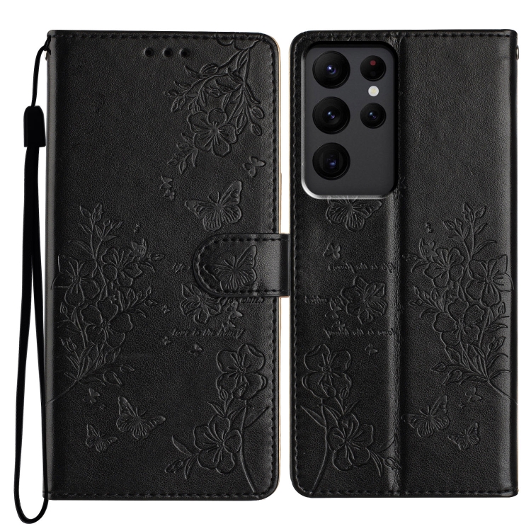 

For Samsung Galaxy S23 Ultra 5G Butterflies and Flowers Leather Phone Case(Black)