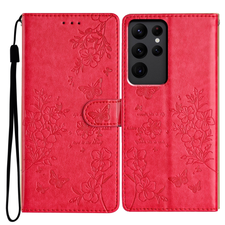 

For Samsung Galaxy S23 Ultra 5G Butterflies and Flowers Leather Phone Case(Red)