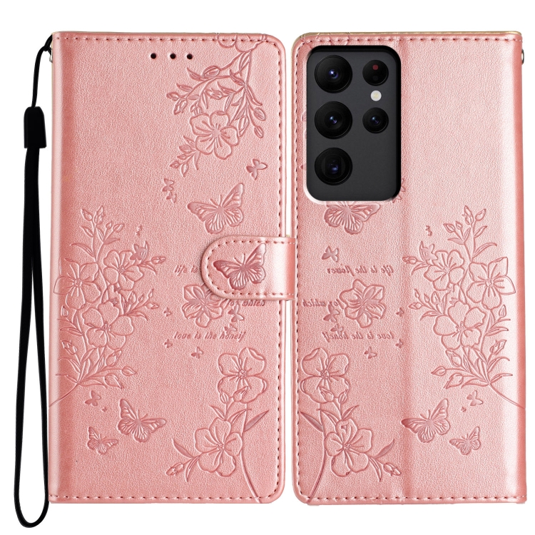 

For Samsung Galaxy S23 Ultra 5G Butterflies and Flowers Leather Phone Case(Rose Gold)