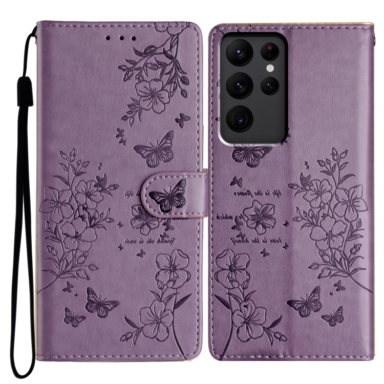 

For Samsung Galaxy S23 Ultra 5G Butterflies and Flowers Leather Phone Case(Purple)