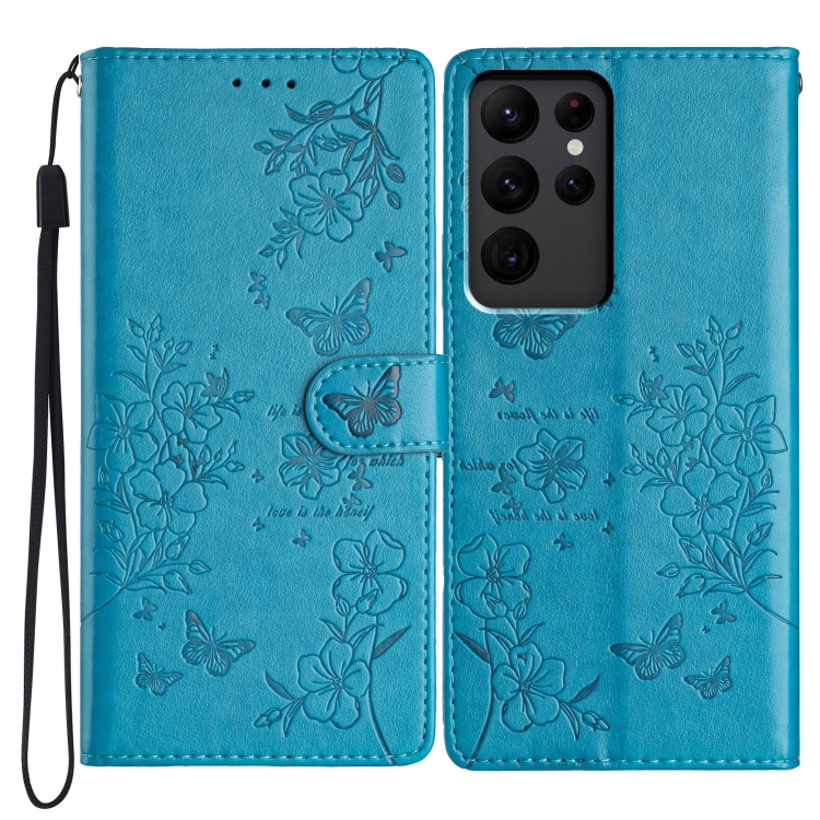

For Samsung Galaxy S23 Ultra 5G Butterflies and Flowers Leather Phone Case(Blue)