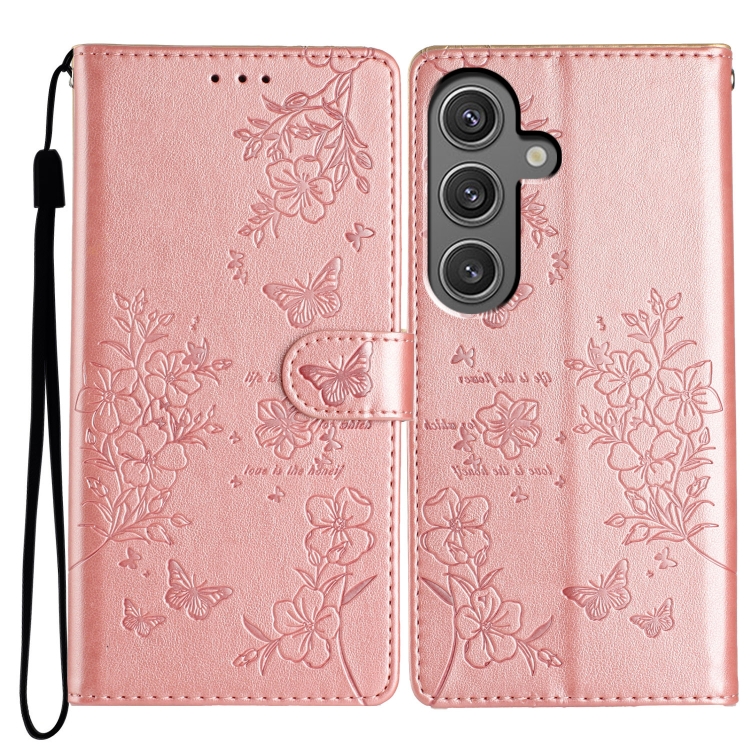 

For Samsung Galaxy S24 5G Butterflies and Flowers Leather Phone Case(Rose Gold)