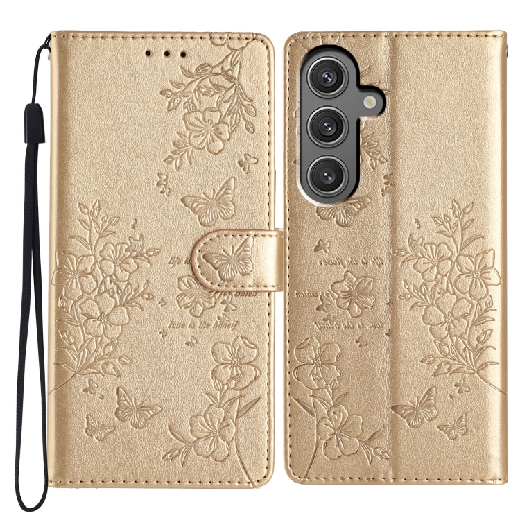 

For Samsung Galaxy S24+ 5G Butterflies and Flowers Leather Phone Case(Gold)