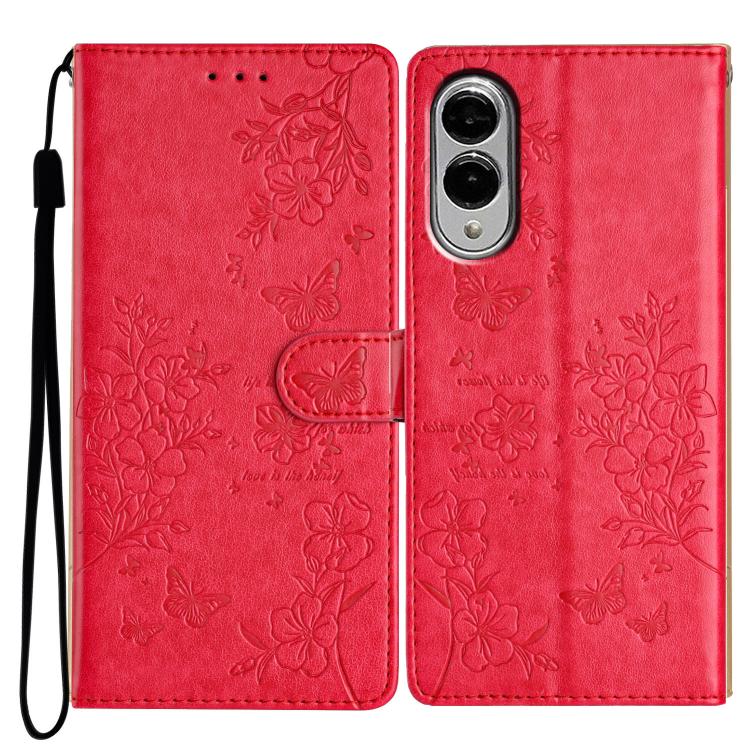 

For Samsung Galaxy S25 Edge 5G Butterflies and Flowers Leather Phone Case(Red)