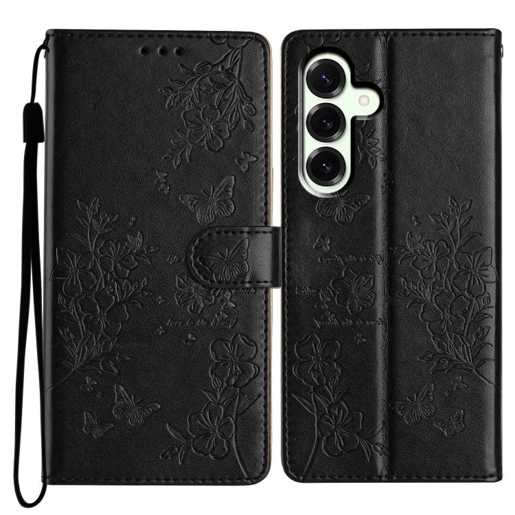 

For Samsung Galaxy S25 FE 5G Butterflies and Flowers Leather Phone Case(Black)