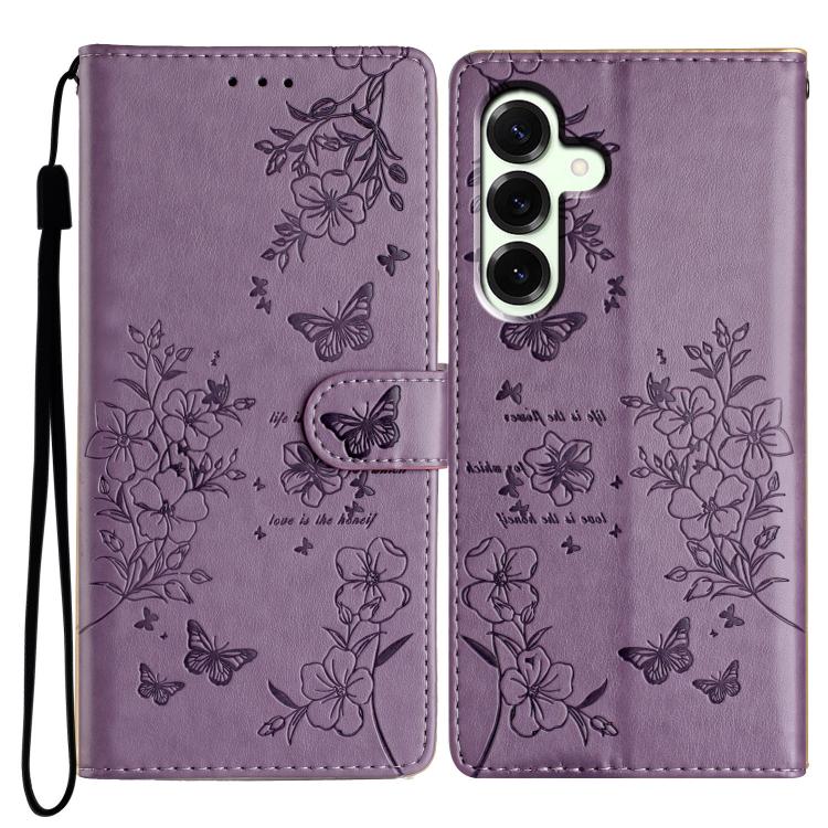 

For Samsung Galaxy S25 FE 5G Butterflies and Flowers Leather Phone Case(Purple)