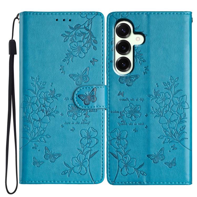 

For Samsung Galaxy S25 FE 5G Butterflies and Flowers Leather Phone Case(Blue)