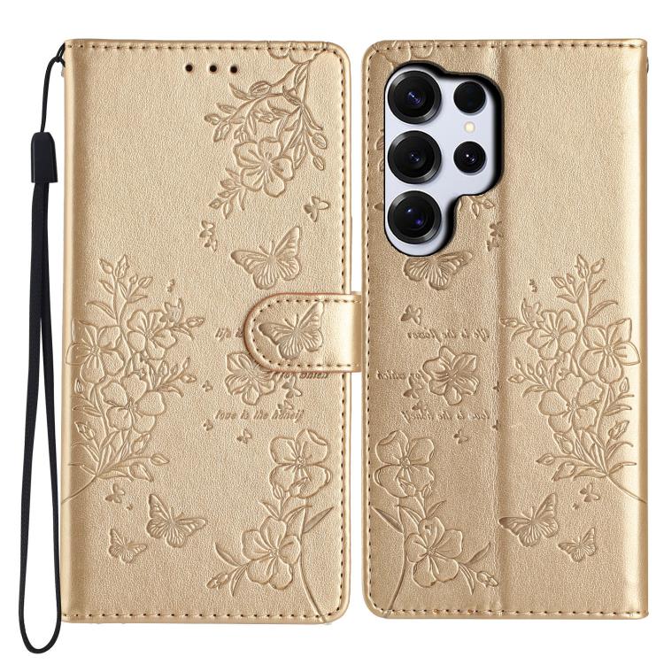 

For Samsung Galaxy S26 Ultra 5G Butterflies and Flowers Leather Phone Case(Gold)