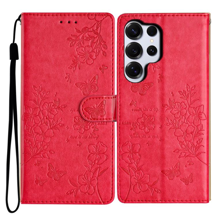 

For Samsung Galaxy S26 Ultra 5G Butterflies and Flowers Leather Phone Case(Red)