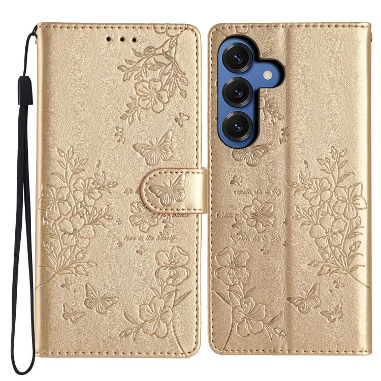 

For Samsung Galaxy S26 5G Butterflies and Flowers Leather Phone Case(Gold)