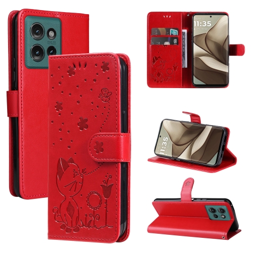 

For Motorola Edge 50 5G Cat and Bee Embossed Flip Leather Phone Case(Red)