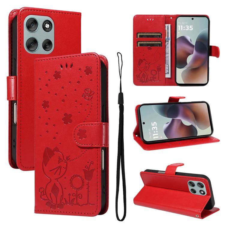 

For Motorola Moto G56 5G Cat and Bee Embossed Flip Leather Phone Case(Red)