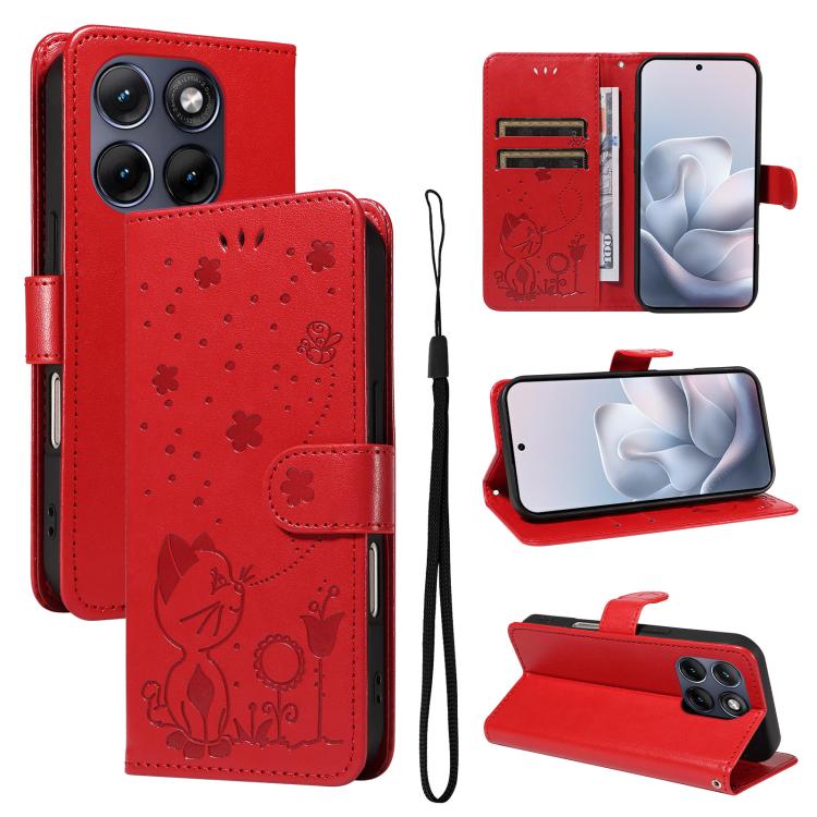 

For Motorola Edge 70 Fusion 5G Cat and Bee Embossed Flip Leather Phone Case(Red)