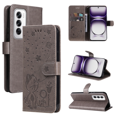 

For OPPO Reno12 5G Global Cat and Bee Embossed Flip Leather Phone Case(Grey)