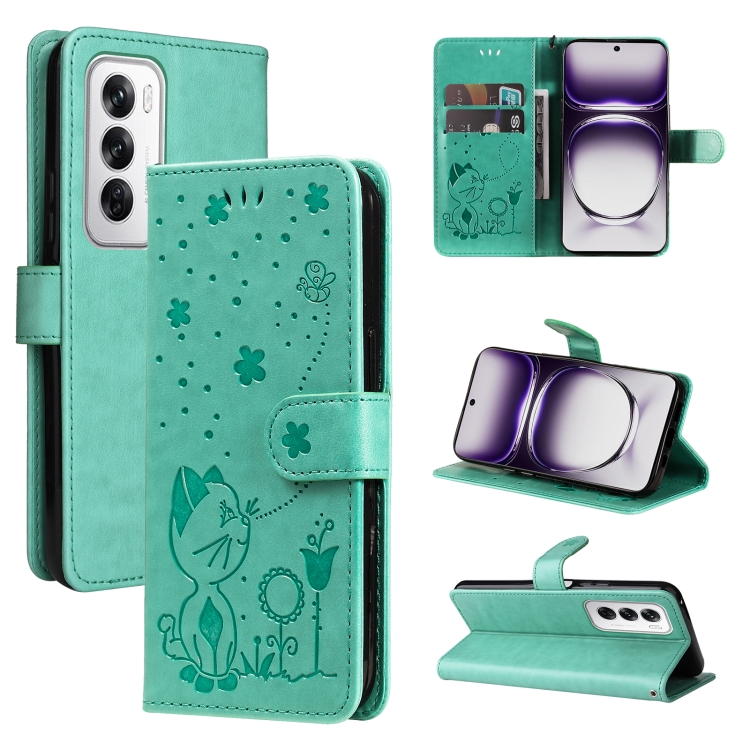 

For OPPO Reno12 5G Global Cat and Bee Embossed Flip Leather Phone Case(Green)
