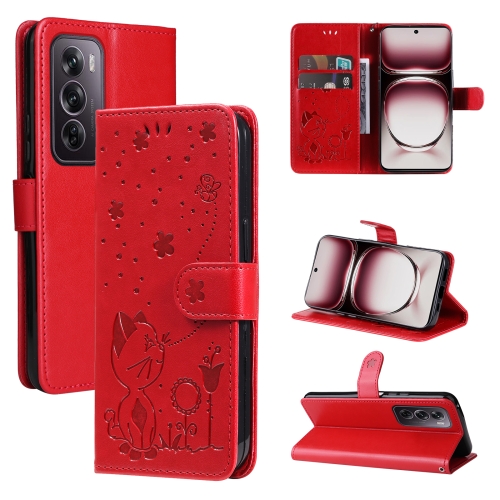 

For OPPO Reno12 Pro 5G Global Cat and Bee Embossed Flip Leather Phone Case(Red)
