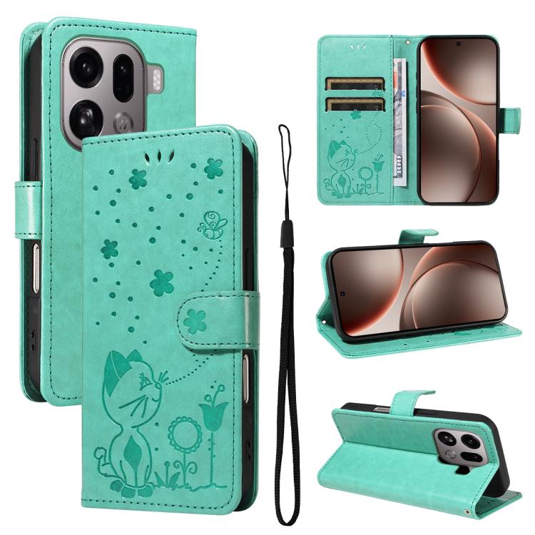 

For OPPO Find X9 Pro Cat and Bee Embossed Flip Leather Phone Case(Green)