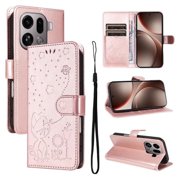 

For OPPO Find X9 Pro Cat and Bee Embossed Flip Leather Phone Case(Rose Gold)