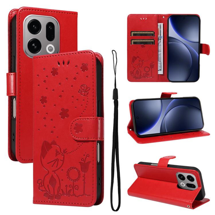 

For OPPO Find X9 Cat and Bee Embossed Flip Leather Phone Case(Red)