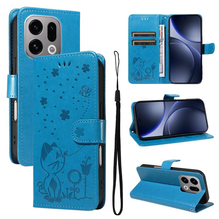 

For OPPO Find X9 Cat and Bee Embossed Flip Leather Phone Case(Blue)