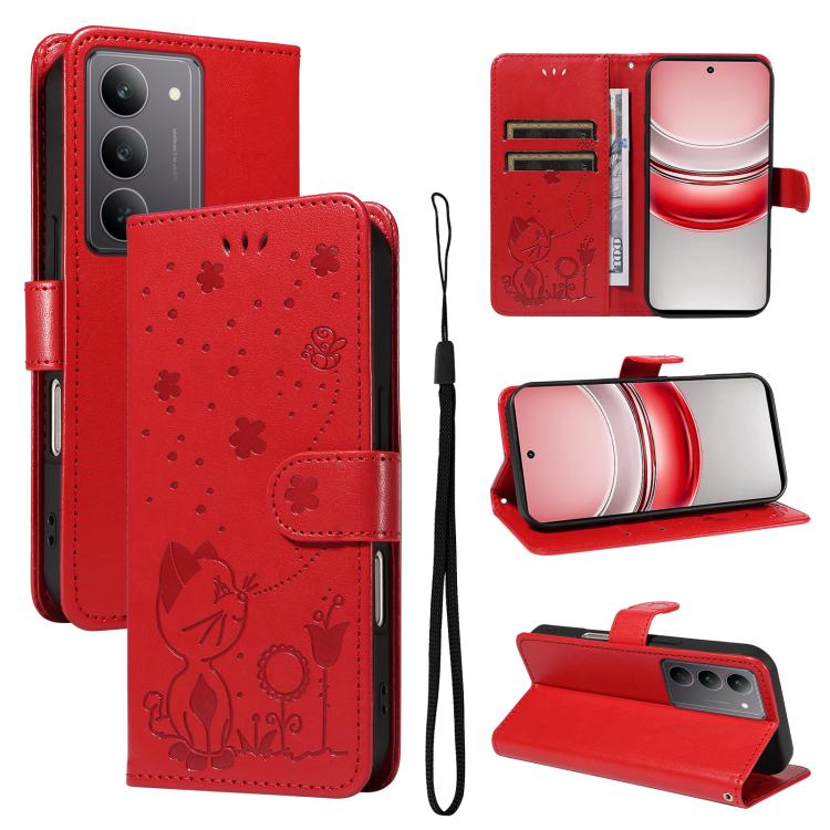 

For Realme 14x 5G Global Cat and Bee Embossed Flip Leather Phone Case(Red)