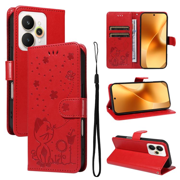 

For Realme 15 5G Cat and Bee Embossed Flip Leather Phone Case(Red)