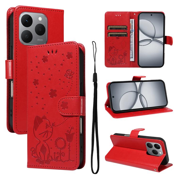 

For Realme 15T 5G Cat and Bee Embossed Flip Leather Phone Case(Red)