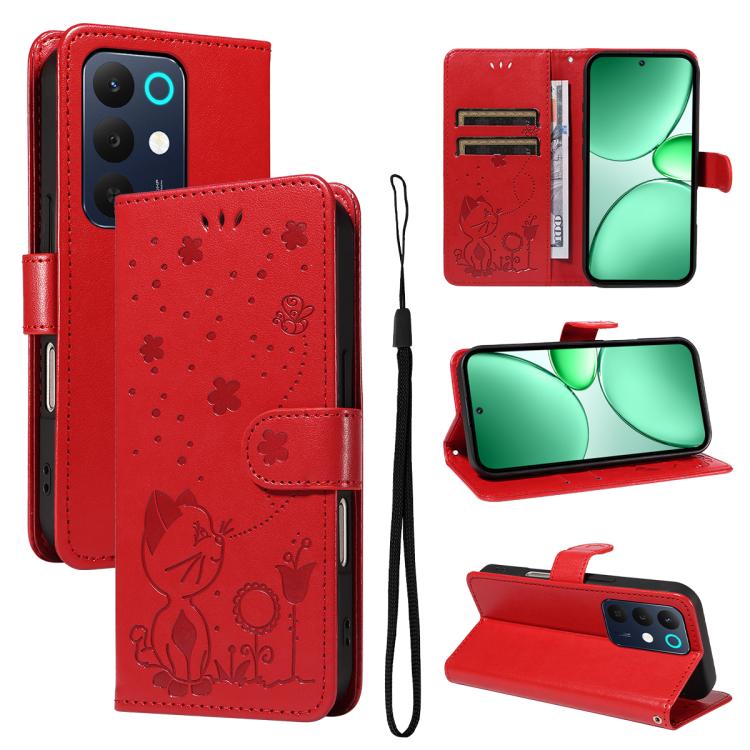 

For Realme C85 5G / 15X 5G India Cat and Bee Embossed Flip Leather Phone Case(Red)