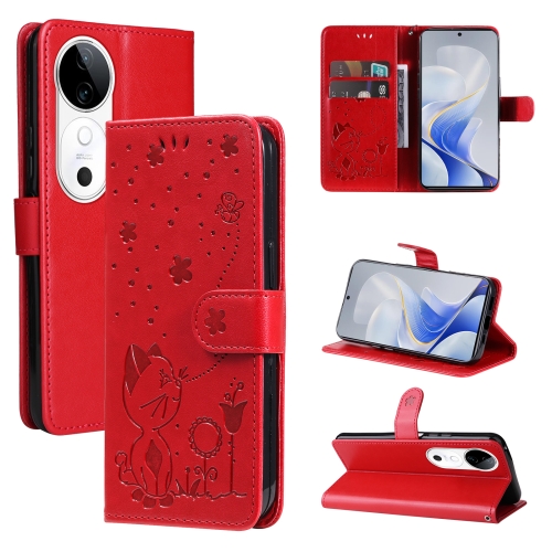 

For vivo V40 5G Cat and Bee Embossed Flip Leather Phone Case(Red)