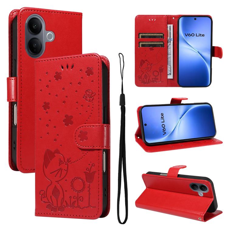 

For vivo V60 Lite 4G Cat and Bee Embossed Flip Leather Phone Case(Red)