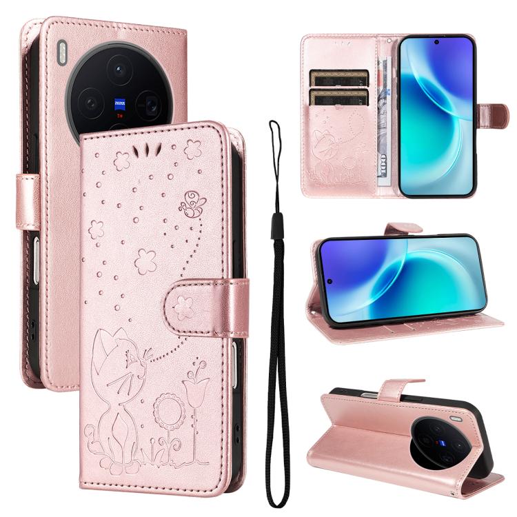 

For vivo X300 Cat and Bee Embossed Flip Leather Phone Case(Rose Gold)