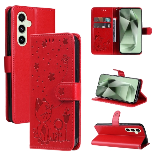 

For Samsung Galaxy S24 FE 5G Cat and Bee Embossed Flip Leather Phone Case(Red)