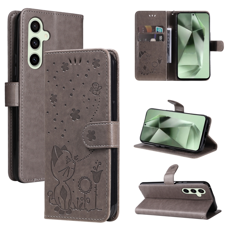 

For Samsung Galaxy S24 FE 5G Cat and Bee Embossed Flip Leather Phone Case(Grey)