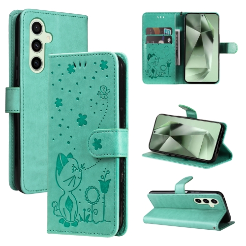 

For Samsung Galaxy S24 FE 5G Cat and Bee Embossed Flip Leather Phone Case(Green)