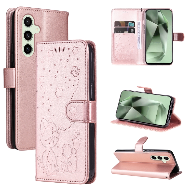 

For Samsung Galaxy S24 FE 5G Cat and Bee Embossed Flip Leather Phone Case(Rose Gold)