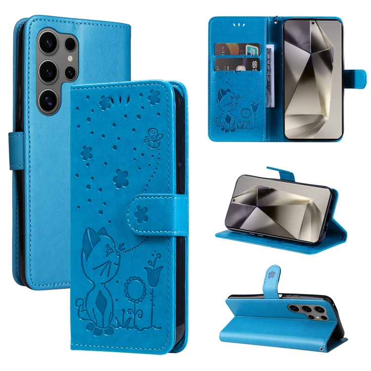 

For Samsung Galaxy S25 Ultra 5G Cat and Bee Embossed Flip Leather Phone Case(Blue)