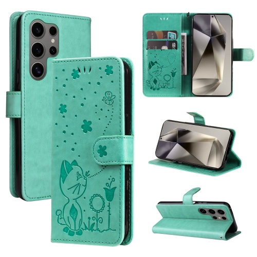 

For Samsung Galaxy S25 Ultra 5G Cat and Bee Embossed Flip Leather Phone Case(Green)