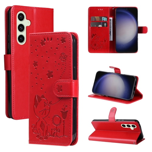 

For Samsung Galaxy S25 / S24 5G Cat and Bee Embossed Flip Leather Phone Case(Red)