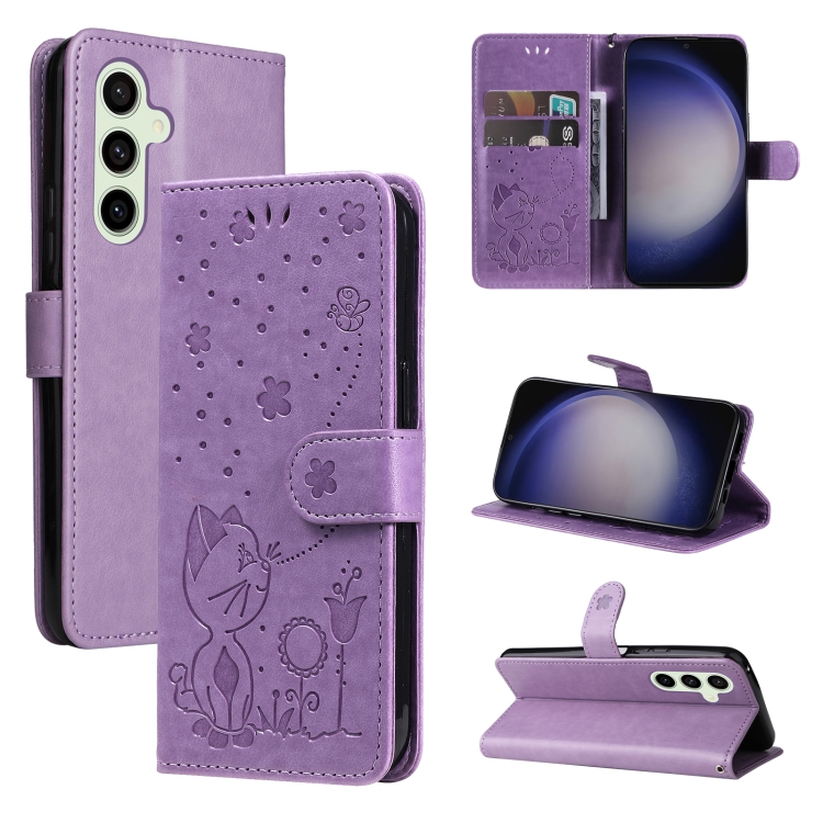 

For Samsung Galaxy S25 / S24 5G Cat and Bee Embossed Flip Leather Phone Case(Purple)