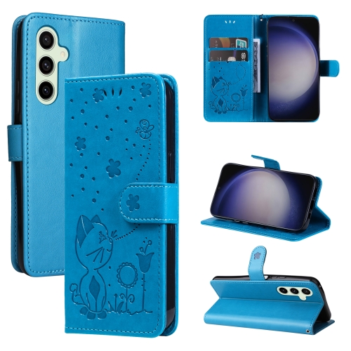 

For Samsung Galaxy S25+ / S24+ 5G Cat and Bee Embossed Flip Leather Phone Case(Blue)