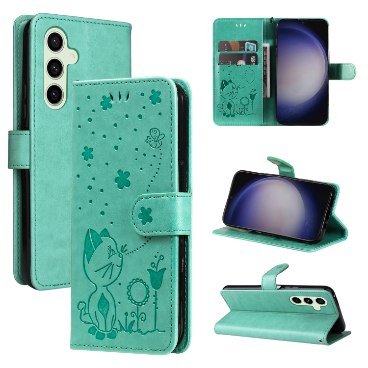 

For Samsung Galaxy S25+ / S24+ 5G Cat and Bee Embossed Flip Leather Phone Case(Green)