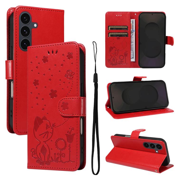 

For Samsung Galaxy S25 FE 5G Cat and Bee Embossed Flip Leather Phone Case(Red)