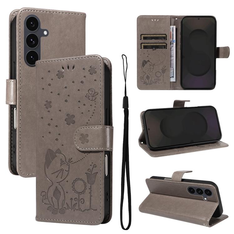 

For Samsung Galaxy S25 FE 5G Cat and Bee Embossed Flip Leather Phone Case(Grey)