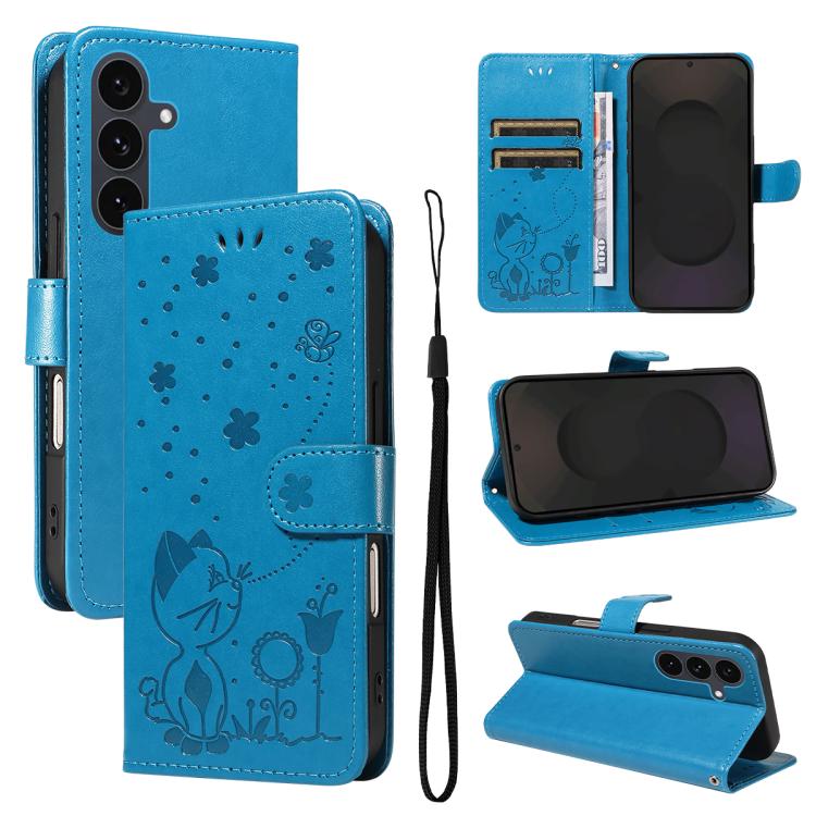 

For Samsung Galaxy S25 FE 5G Cat and Bee Embossed Flip Leather Phone Case(Blue)